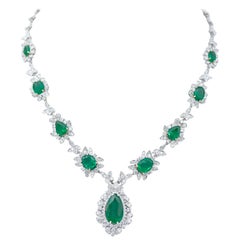 Vintage Emeralds, Diamonds, 14 Karat White Gold Necklace