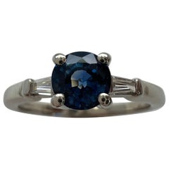 Peacock Blue Sapphire & Tapered Baguette Diamond 18k White Gold Three Stone Ring