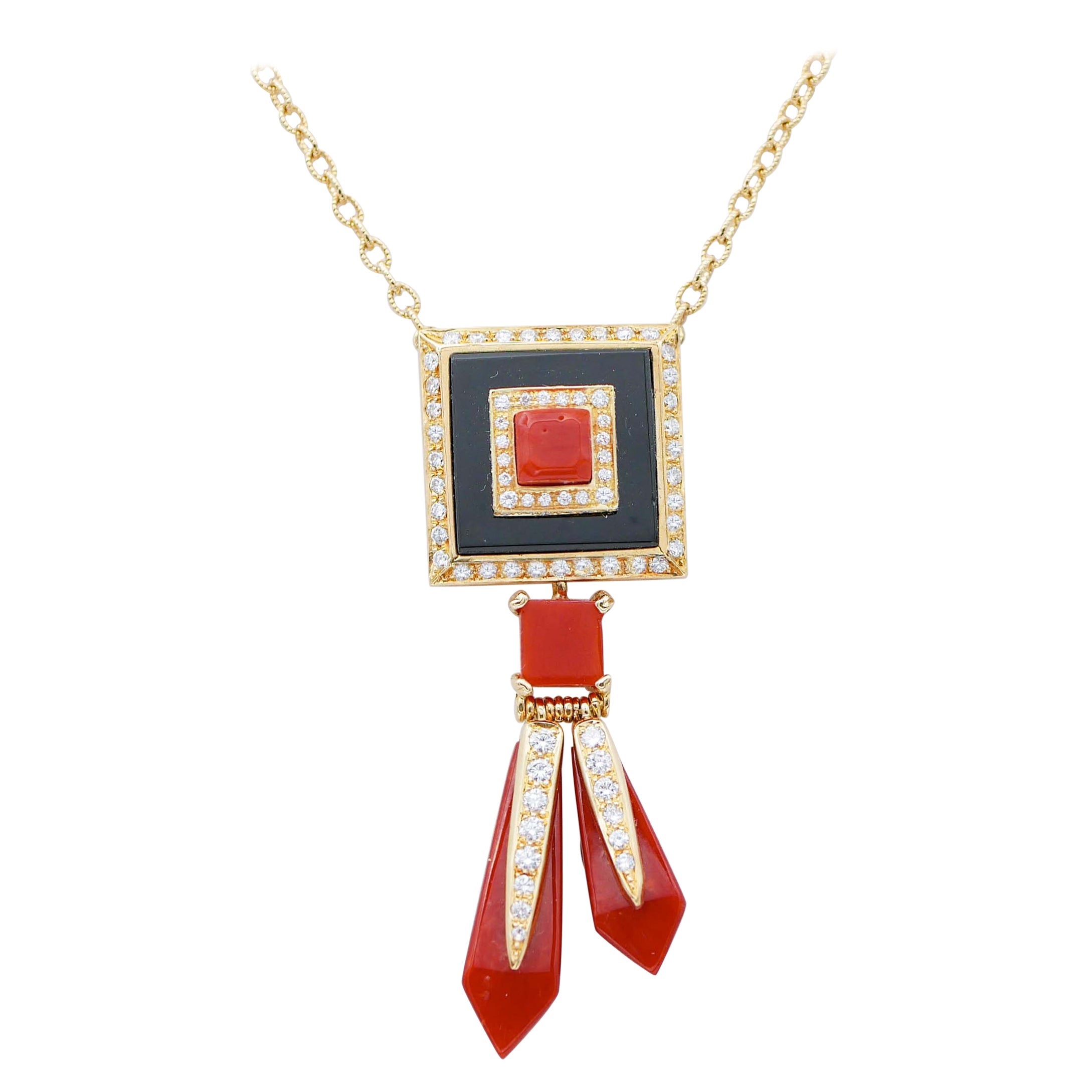 Coral, Onyx, Diamonds, 18 Karat Yellow Gold Pendant Necklace For Sale