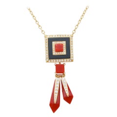 Vintage Coral, Onyx, Diamonds, 18 Karat Yellow Gold Pendant Necklace