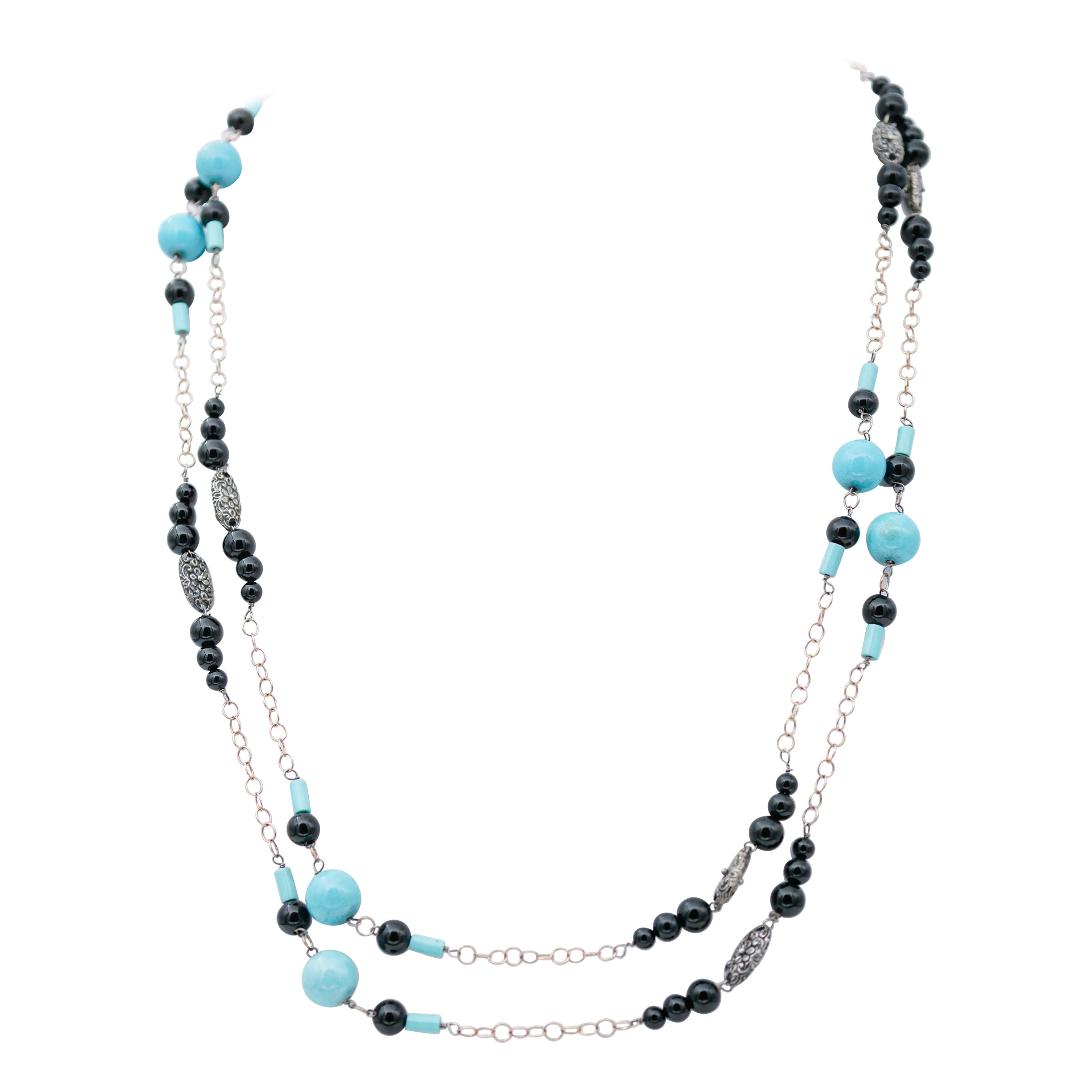 Turquoise, Onyx, Rose Gold and Silver Necklace