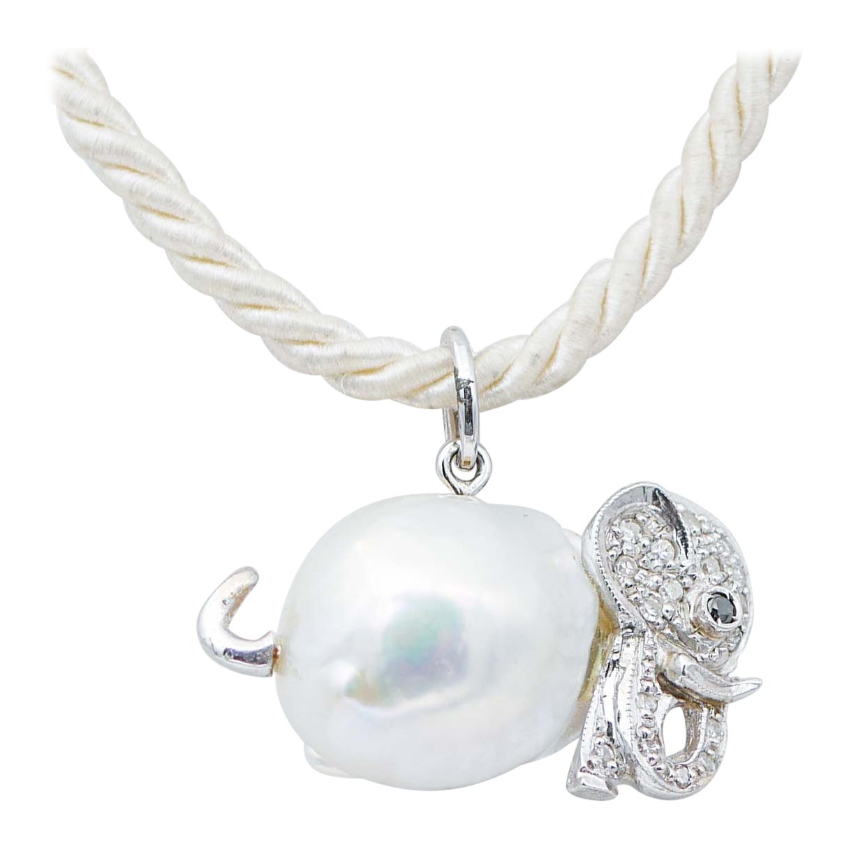 Baroque Pearl, Black and White Diamonds, 14Kt White Gold Pendant Necklace