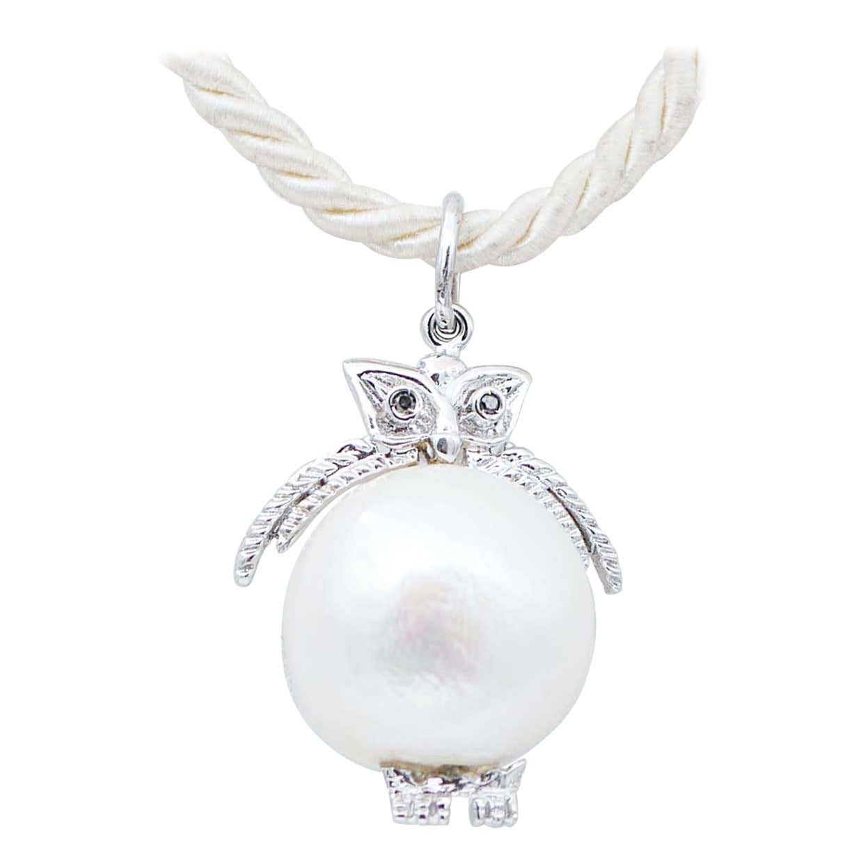 Baroque Pearl, Black Diamonds, 14 Karat White Gold Owl Pendant Necklace. For Sale