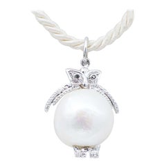 Vintage Baroque Pearl, Black Diamonds, 14 Karat White Gold Owl Pendant Necklace.