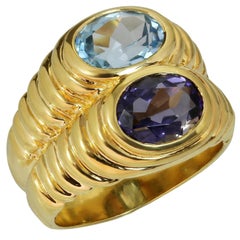 Vintage Bvlgari Doppio Baccarat Blue Topaz Iolite 18k Yellow Gold Ring