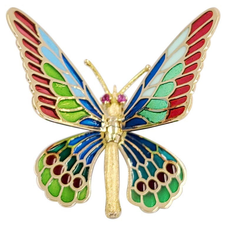 Yellow Gold and Enamel Moving Butterfly Pin For Sale at 1stDibs