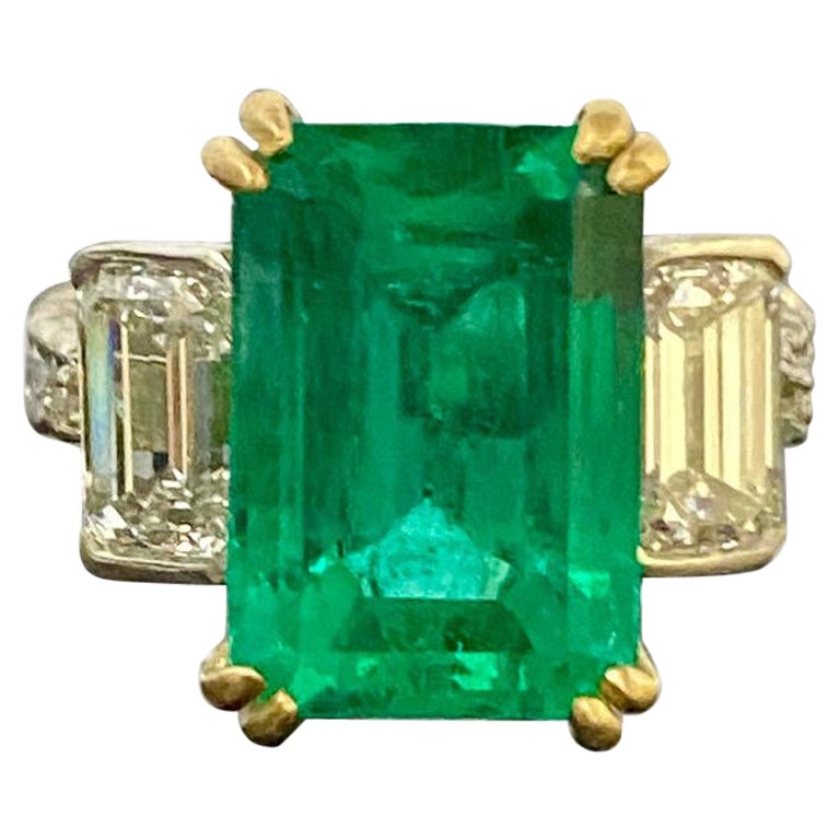 Platinum French Pave Emerald Cut Diamond 6.78 Carat GIA Colombian Emerald Ring For Sale