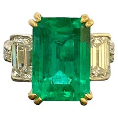 Platinum French Pave Emerald Cut Diamond 6.78 Carat GIA Colombian Emerald Ring