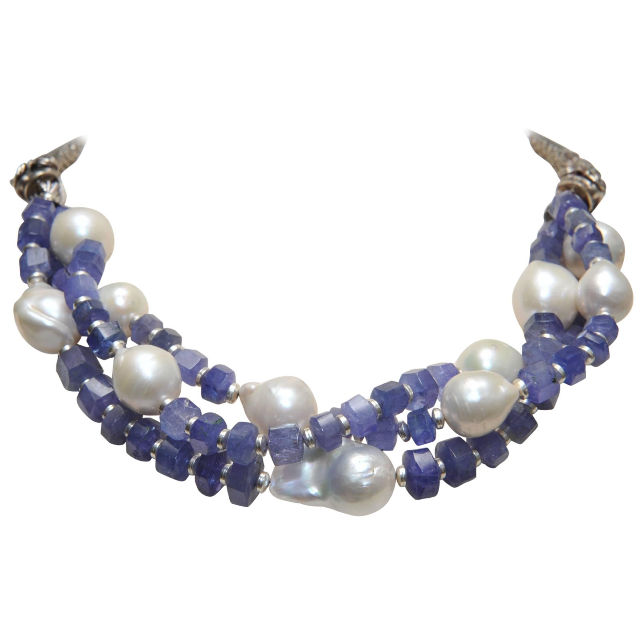 Triple Strands Necklace of Tanzanite, Baroque Pearl and Sterling Dragons