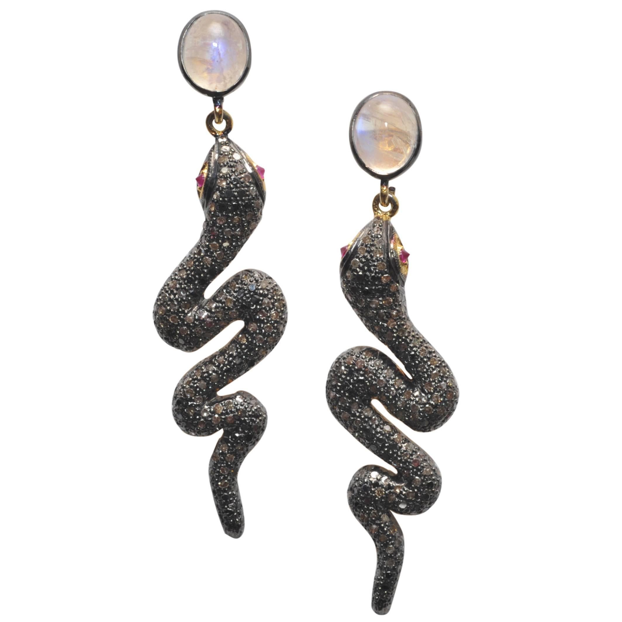 Rose Quartz and Pave` Diamond Snake Earrings with Ruby Eyes