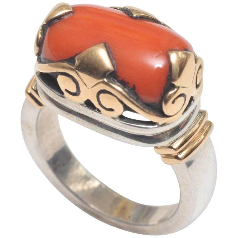 Coral Ring in 18 Karat Gold and Sterling Silver