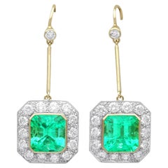 Vintage 10.32 Carat Emerald and 3.10 Carat Diamond and Yellow Gold Drop Earrings