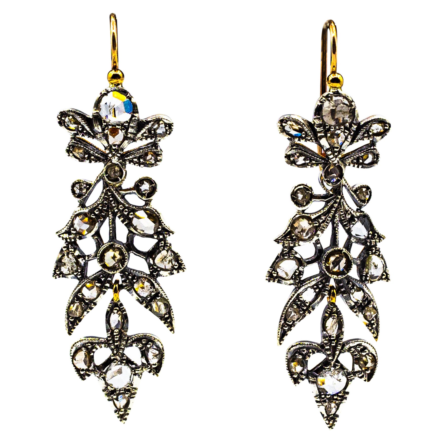 Art Nouveau Style 3.70 Carat White Rose Cut Diamond Yellow Gold Drop Earrings For Sale