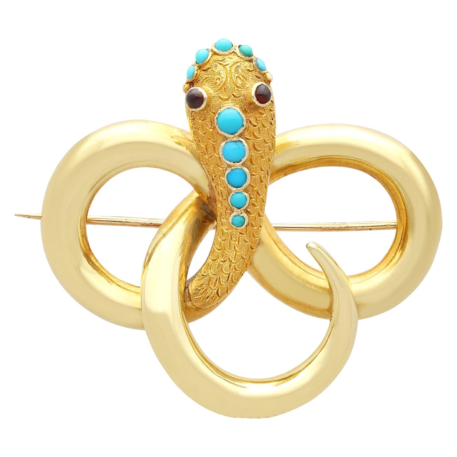 Antique 0.37 Carat Turquoise and Garnet Yellow Gold Snake Brooch For Sale
