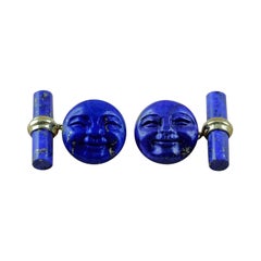 Boutons de manchette en or jaune 18 carats avec lapis-lazuli et visage de lune souriante