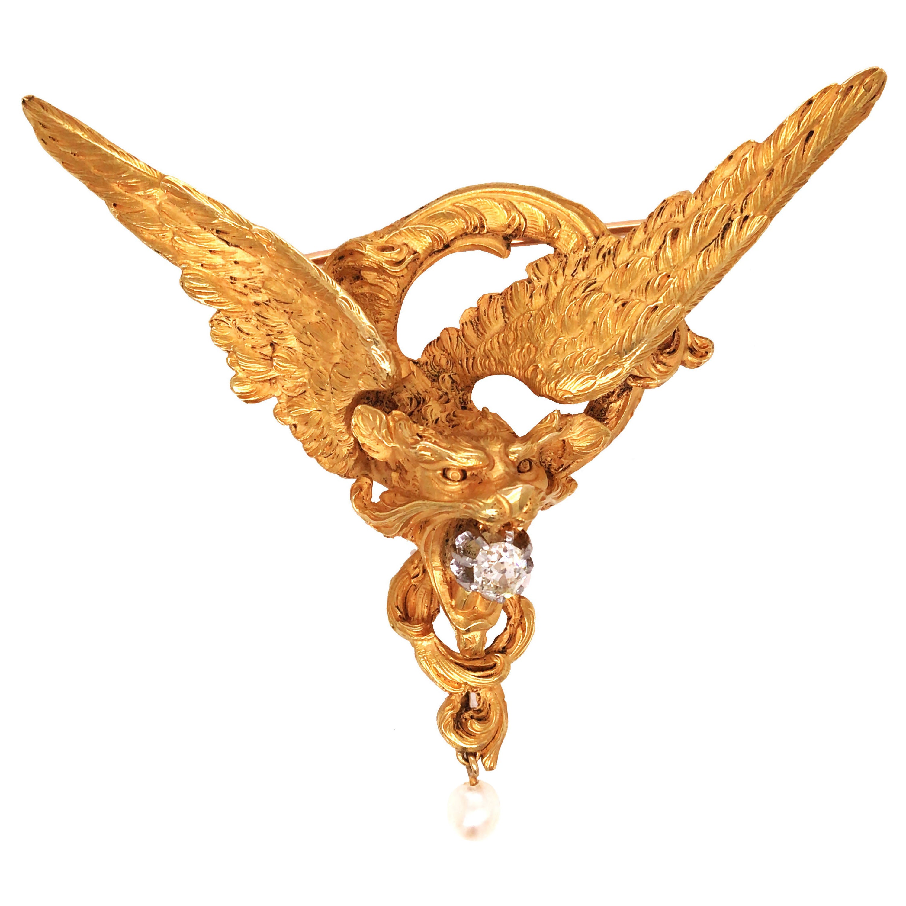 Victorian Diamond Pearl Gold Chimera Brooch For Sale