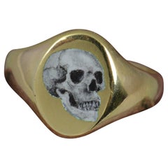 Vintage Impressive 18 Carat Gold and Enamel Skull Signet Ring