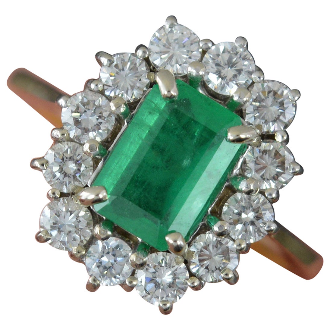 Stunning Natural Emerald and 1.00ct Diamond 18ct Gold Cluster Ring For Sale