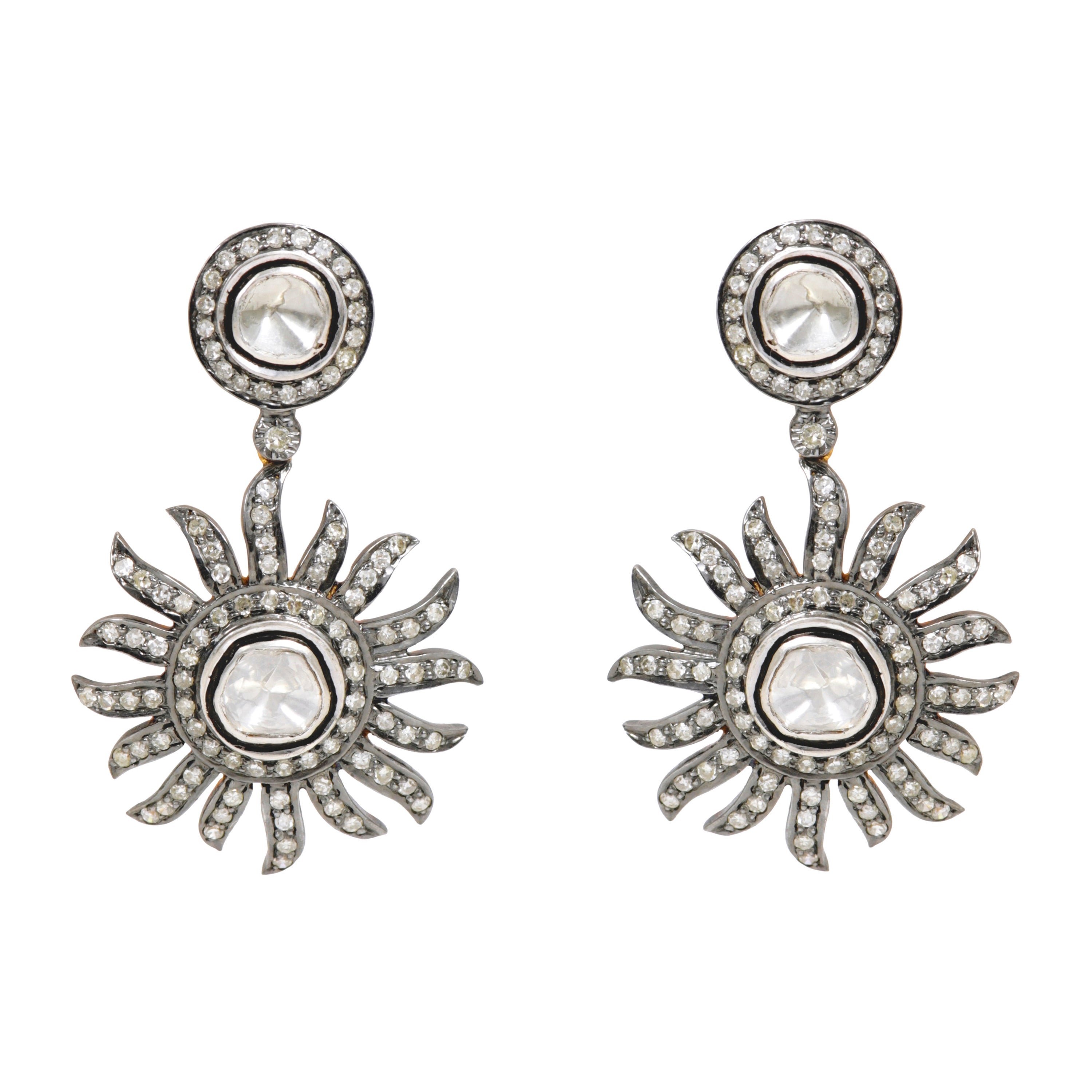 2.28 Carat Diamond Sunburst Dangle Earrings in Art-Deco Style