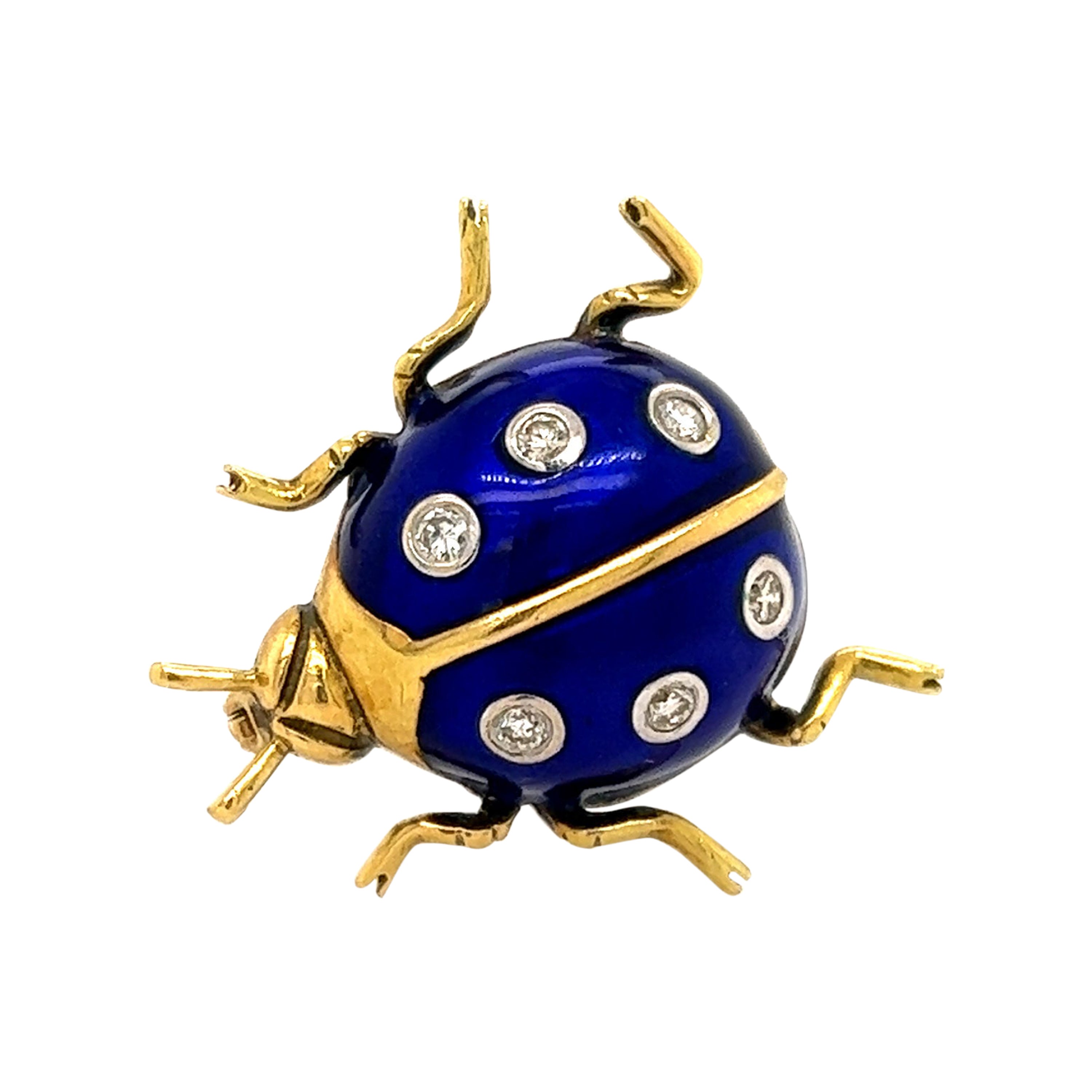 Retro Ladybug Pin 18k Yellow Gold Cobalt Blue Enamel & Diamonds