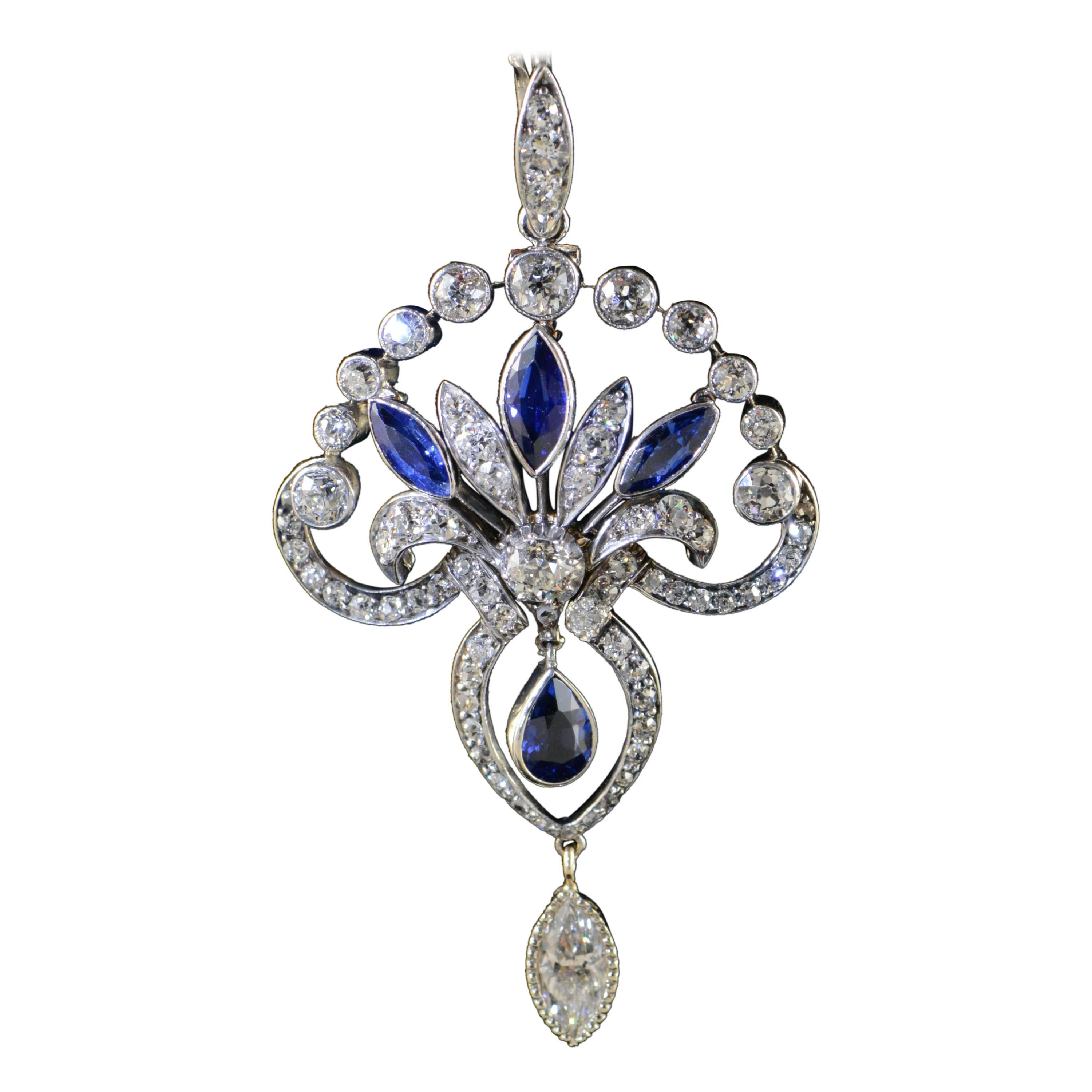 Art Deco Sapphire Diamond Platinum Pendant For Sale