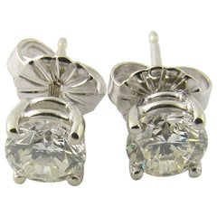 14 Karat White Gold Round Brilliant Diamond Stud Earrings .90 Carat