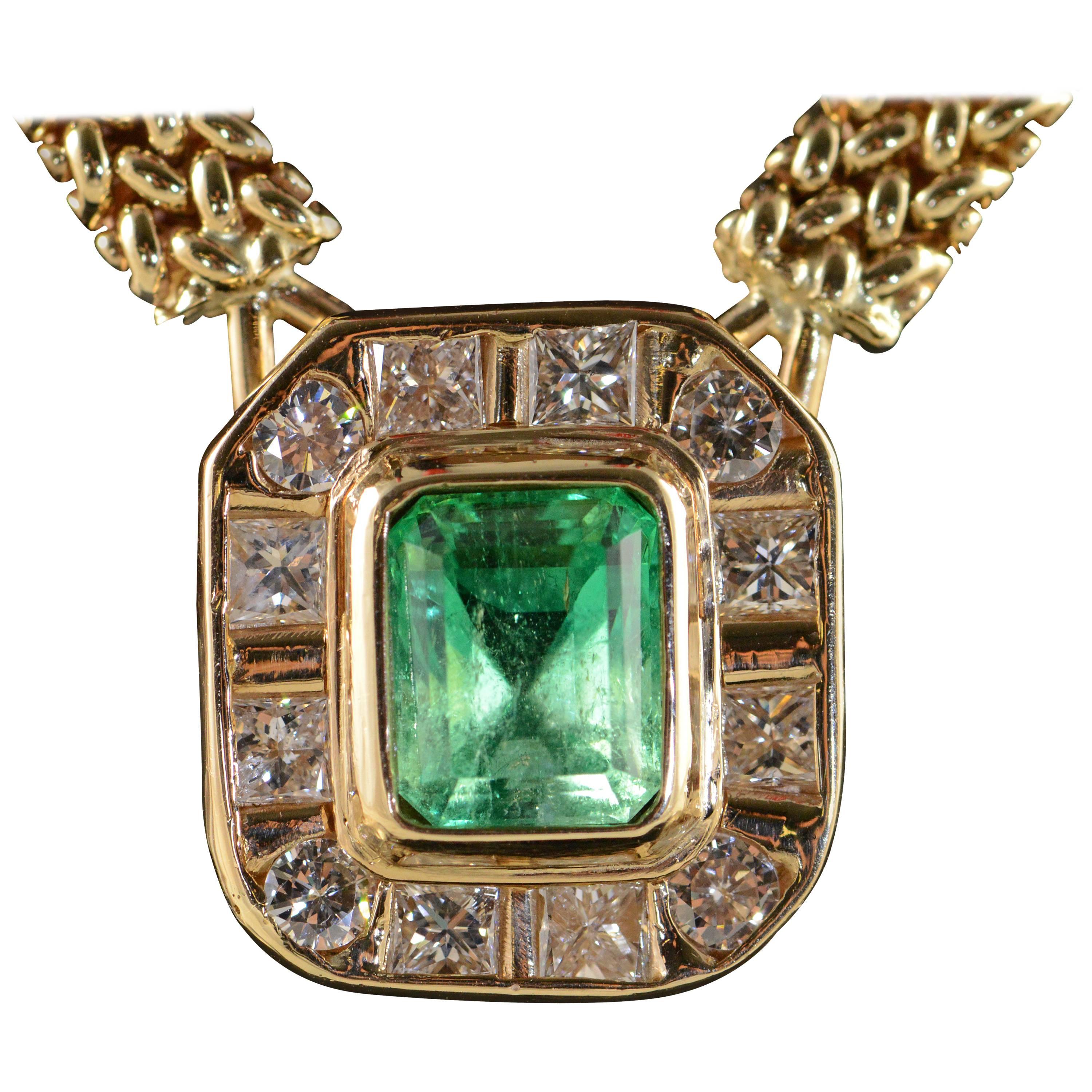 2.91 Carat Emerald Diamond Gold Halo Necklace  For Sale