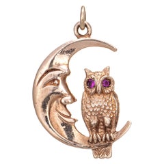 Crescent Moon Owl Charm Vintage 9k Rose Gold Pendant Fine Celestial Jewelry