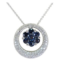 White Gold Sapphire Cluster and Diamond Circle Pendant Necklace