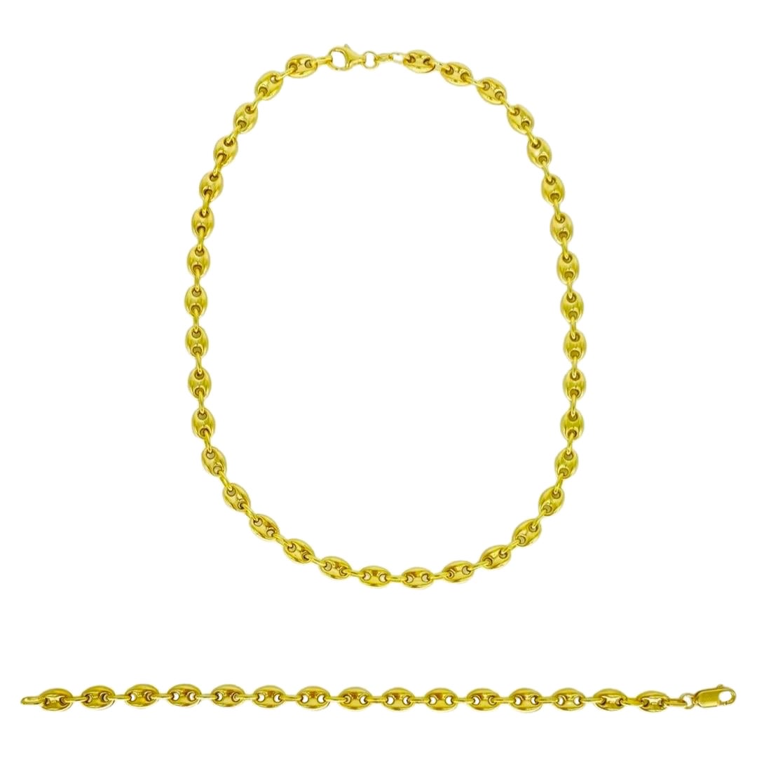 Vintage Puffy Mariner Link Chain and Bracelet Set 18k Gold