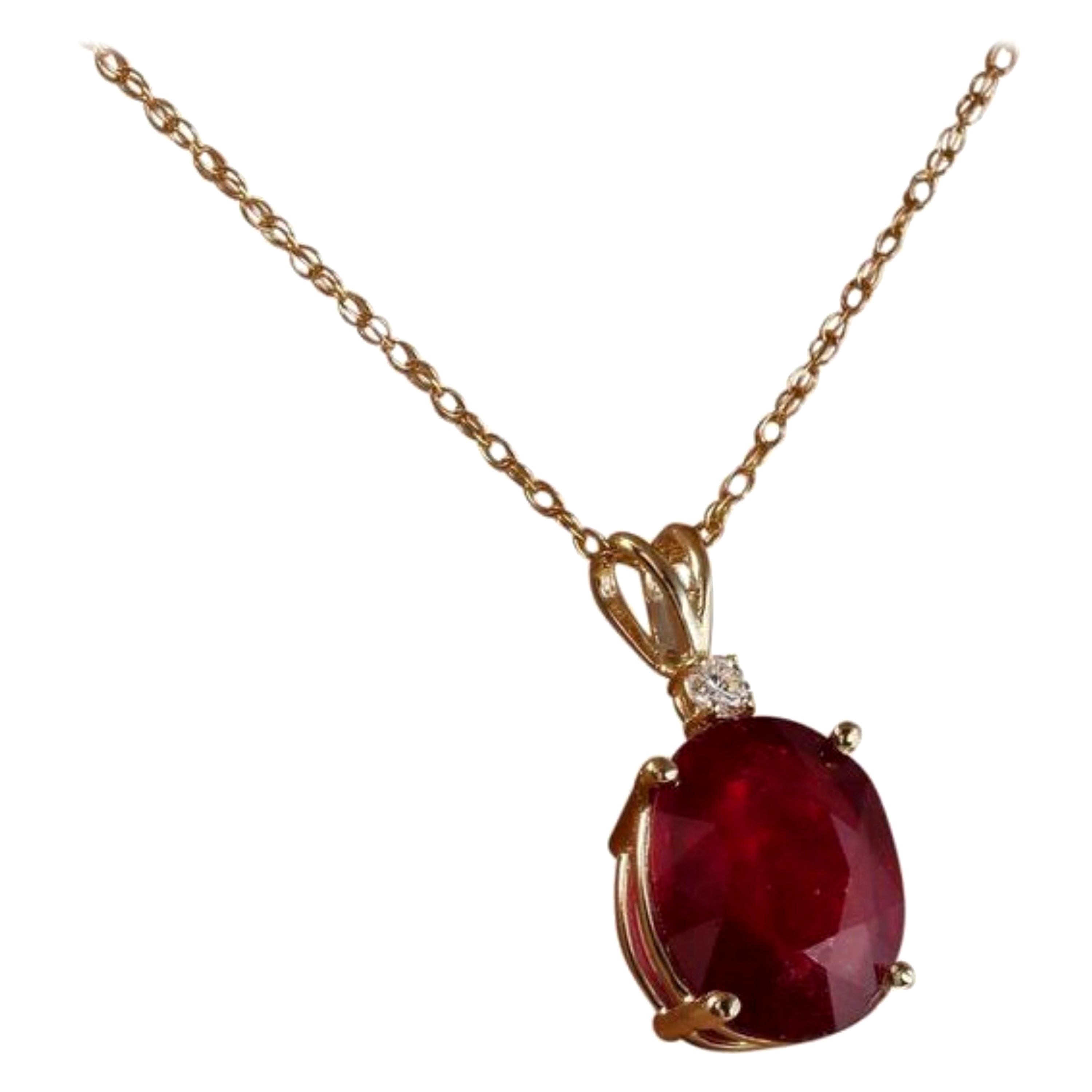 Halskette aus massivem Gelbgold mit 6,05 Karat natürlichem roten Rubin und Diamant 14 Karat