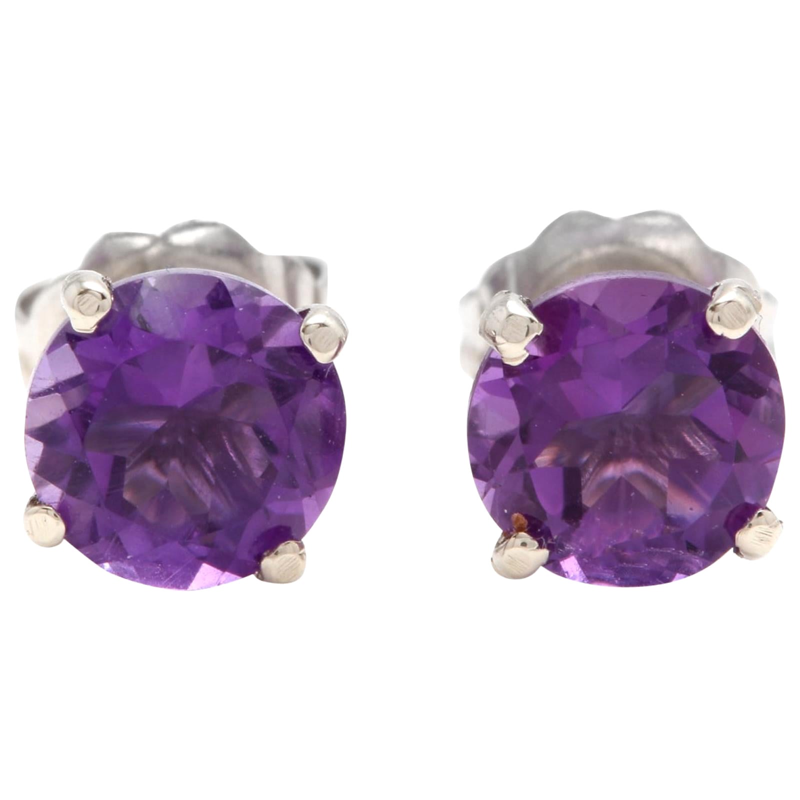 Exquisite 1.80 Carat Natural Amethyst 14K Solid White Gold Martini Stud Earring
