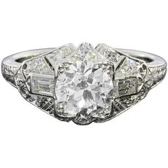 Art Deco 1.65 Carats Diamonds Platinum Engraved Engagement Ring