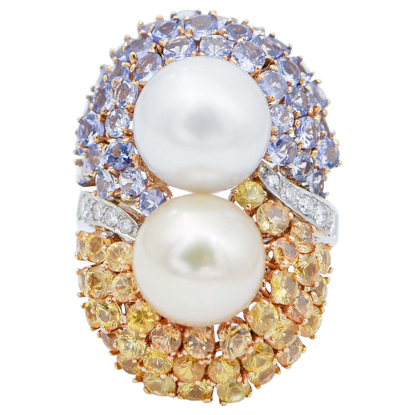 Perle, tanzanite, saphirs jaunes, diamants, or blanc 14 carats  Bague en vente