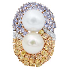 Vintage Pearl, Tanzanite, Yellow Sapphires, Diamonds, 14 Kt White Gold  Ring