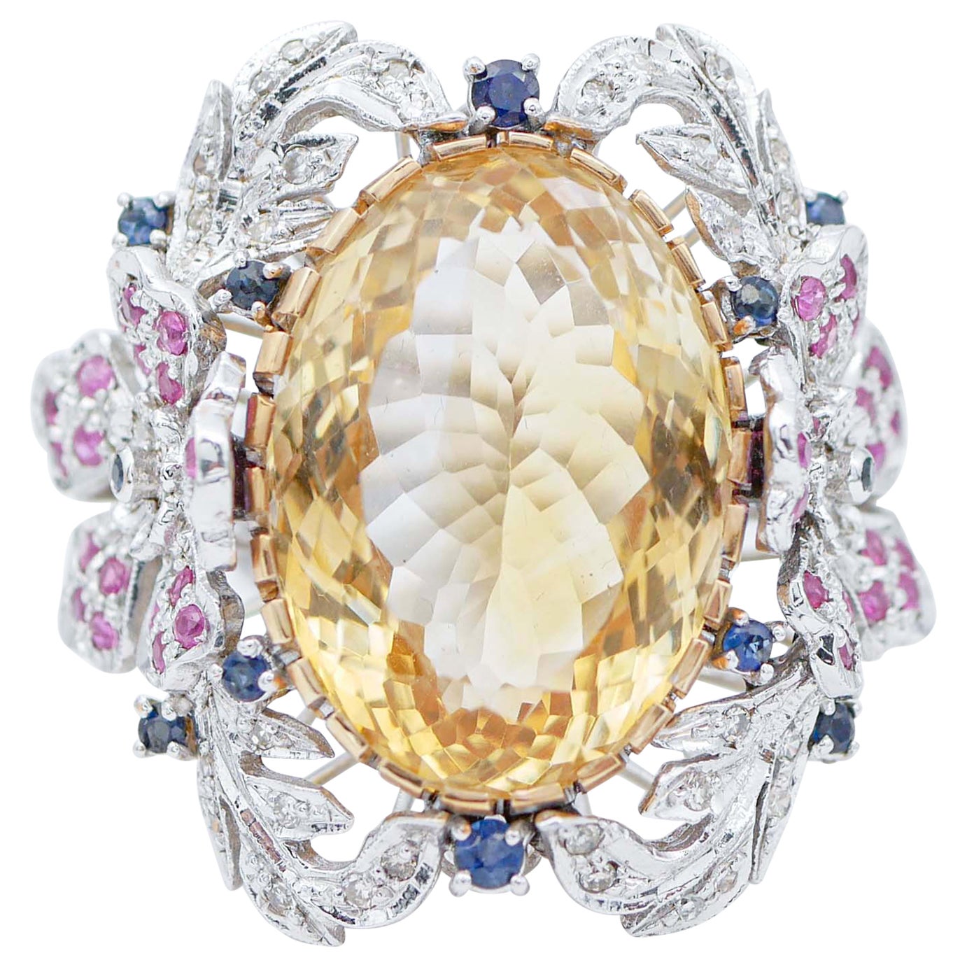 Yellow Topaz, Rubies, Sapphires, Diamonds, 14 Karat White Gold Retrò Ring For Sale