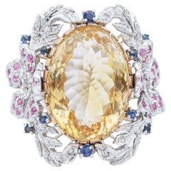 Vintage Yellow Topaz, Rubies, Sapphires, Diamonds, 14 Karat White Gold Retrò Ring