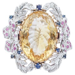 Topacio Amarillo, Rubíes, Zafiros, Diamantes, Anillo Retrò de Oro Blanco de 14 Kilates