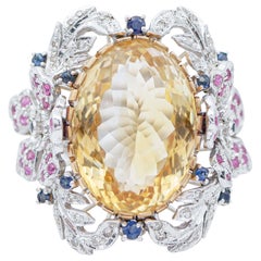 Topaze jaune, rubis, saphirs, diamants, bague Retrò en or blanc 14 carats