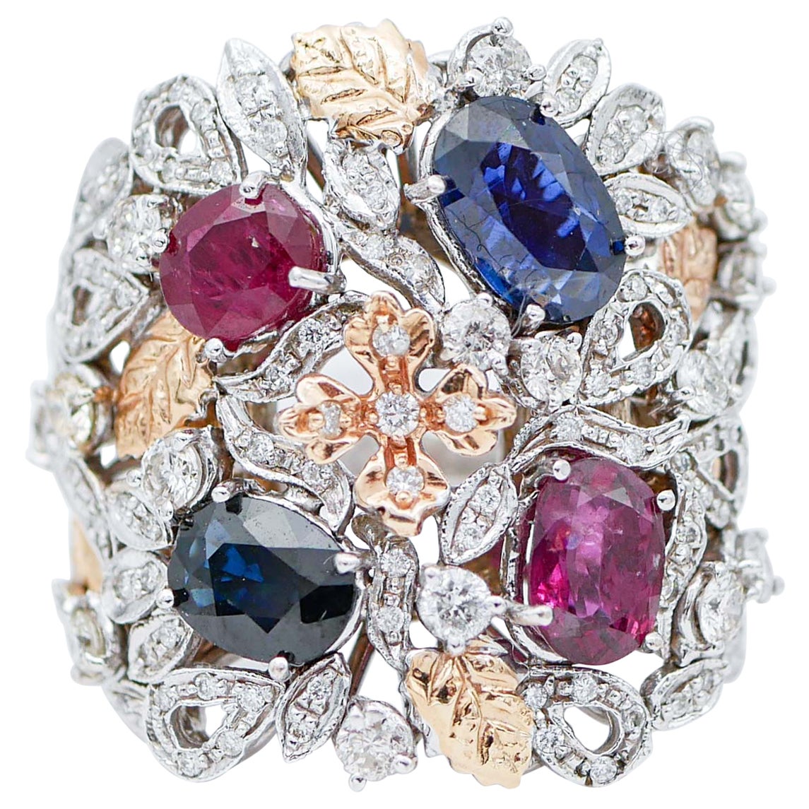 Sapphires, Rubies, Diamonds, 14 Karat White and Rose Gold Ring. For Sale