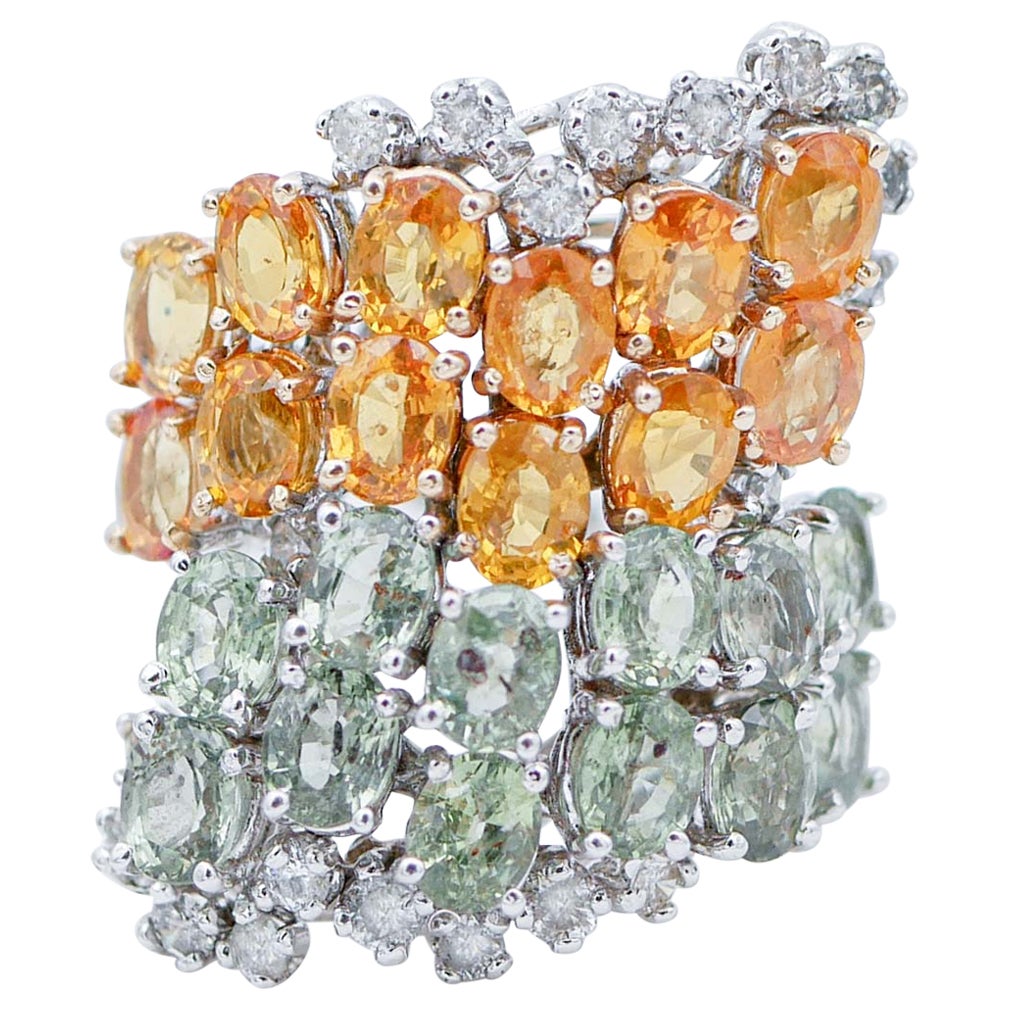 Green and Orange Sapphires, Diamonds, 14 Karat White Gold Retrò Ring For Sale