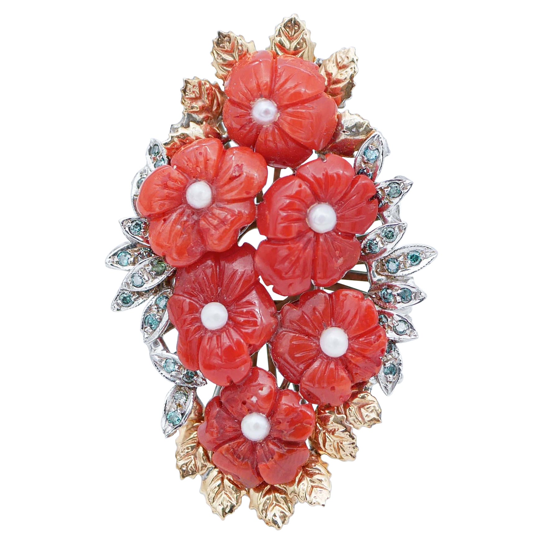 Coral, Fancy Diamonds, Pearls, 14 Karat White and Rose Gold Ring For Sale