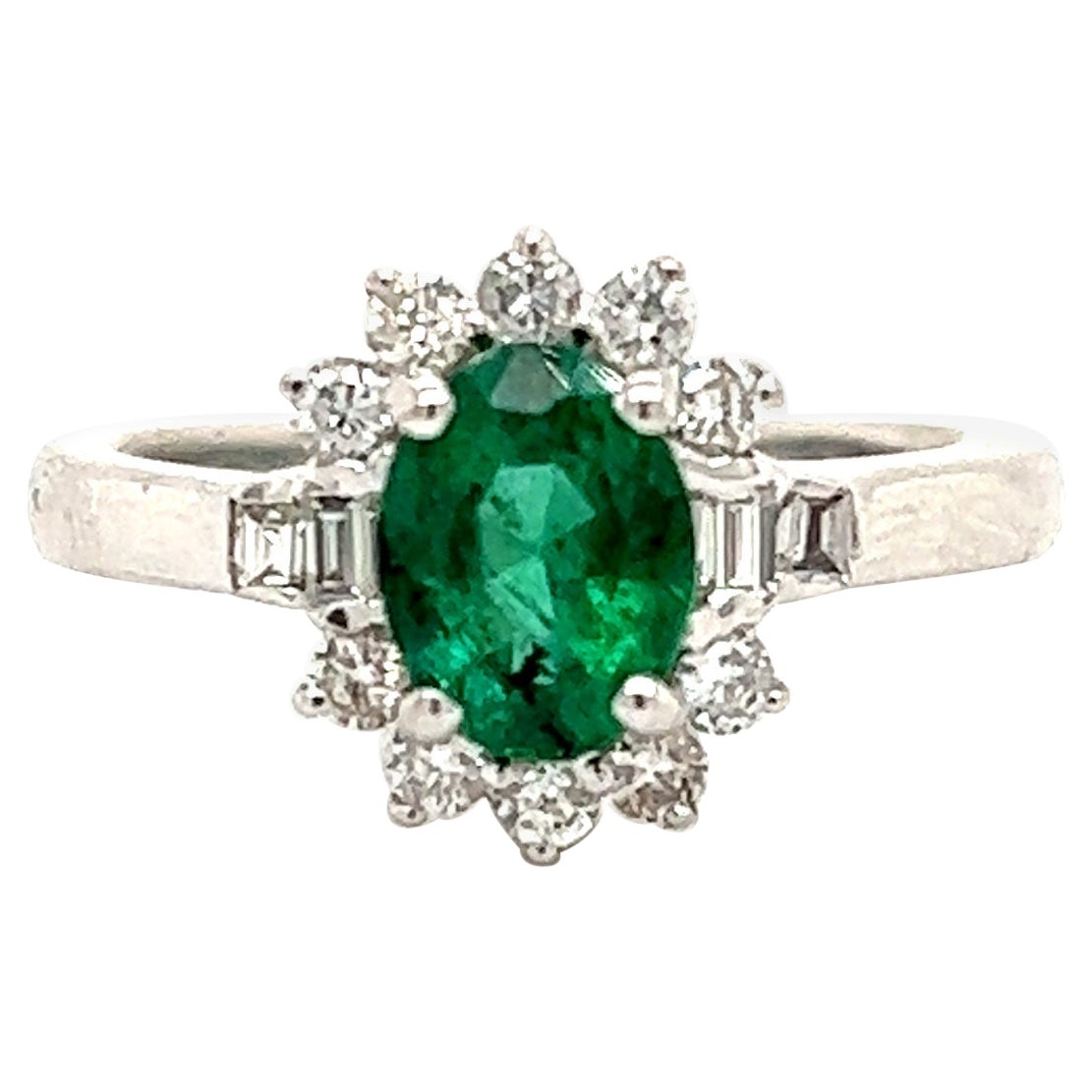 Estate Emerald & Diamond 14k White Gold Ring For Sale