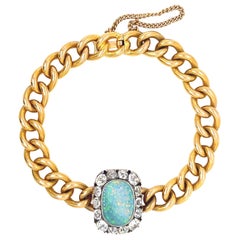 Antique French Opal Old Mine Cut Diamond 18 Karat Yellow Gold Link Bracelet