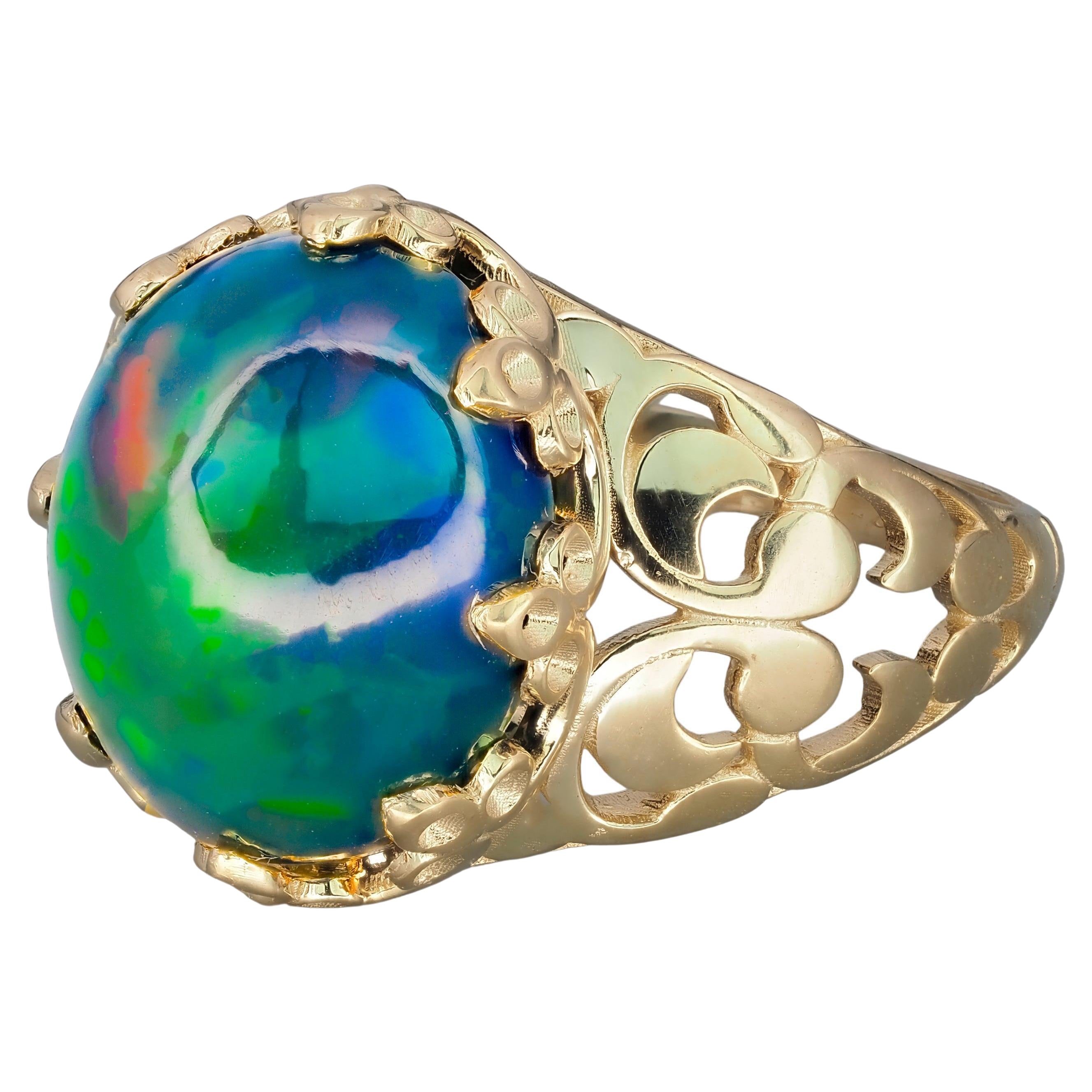 For Sale:  Black Opal Vitage Style Ring in 14 Karat Gold, Ethiopian Opal Cabochon Ring