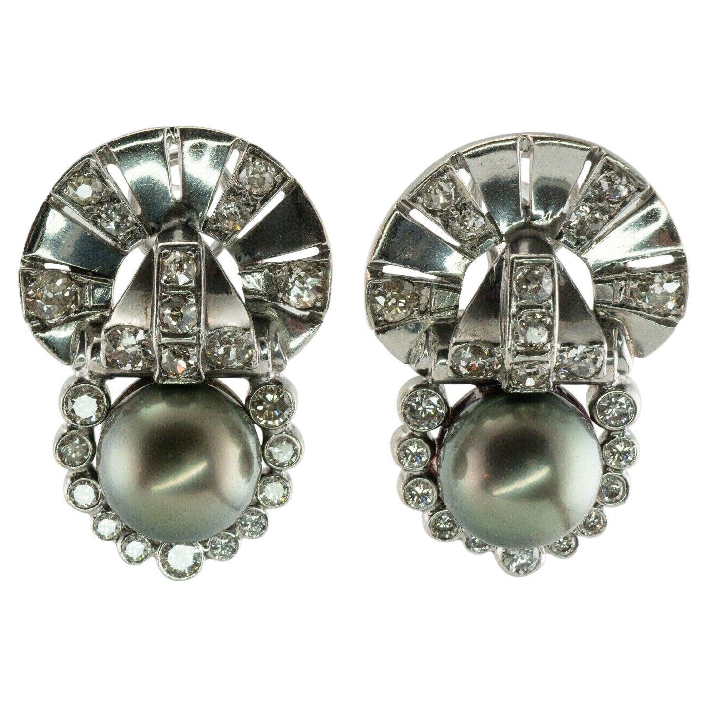 Tahitian Pearl Old Mine cut Diamond Earrings 14K White Gold Art Deco For Sale