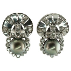 Tahitian Pearl Old Mine cut Diamond Earrings 14K White Gold Art Deco