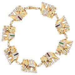Vintage Diamond Gemstone 18 Karat Yellow Gold Elephant Bracelet