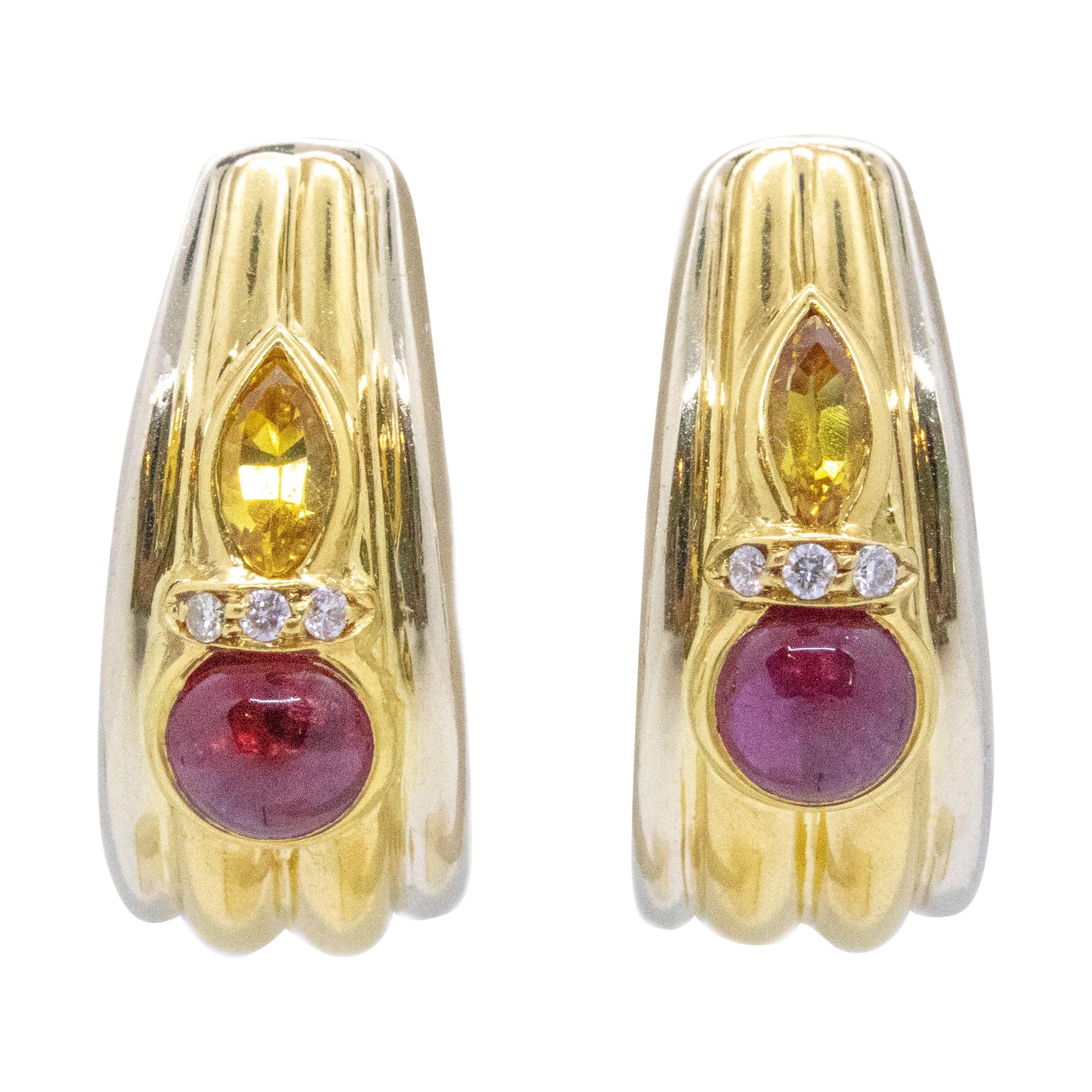 Chaumet Paris Clips Earrings in 18Kt Gold with 2.34 Cts Rubies Sapphires Diamond For Sale