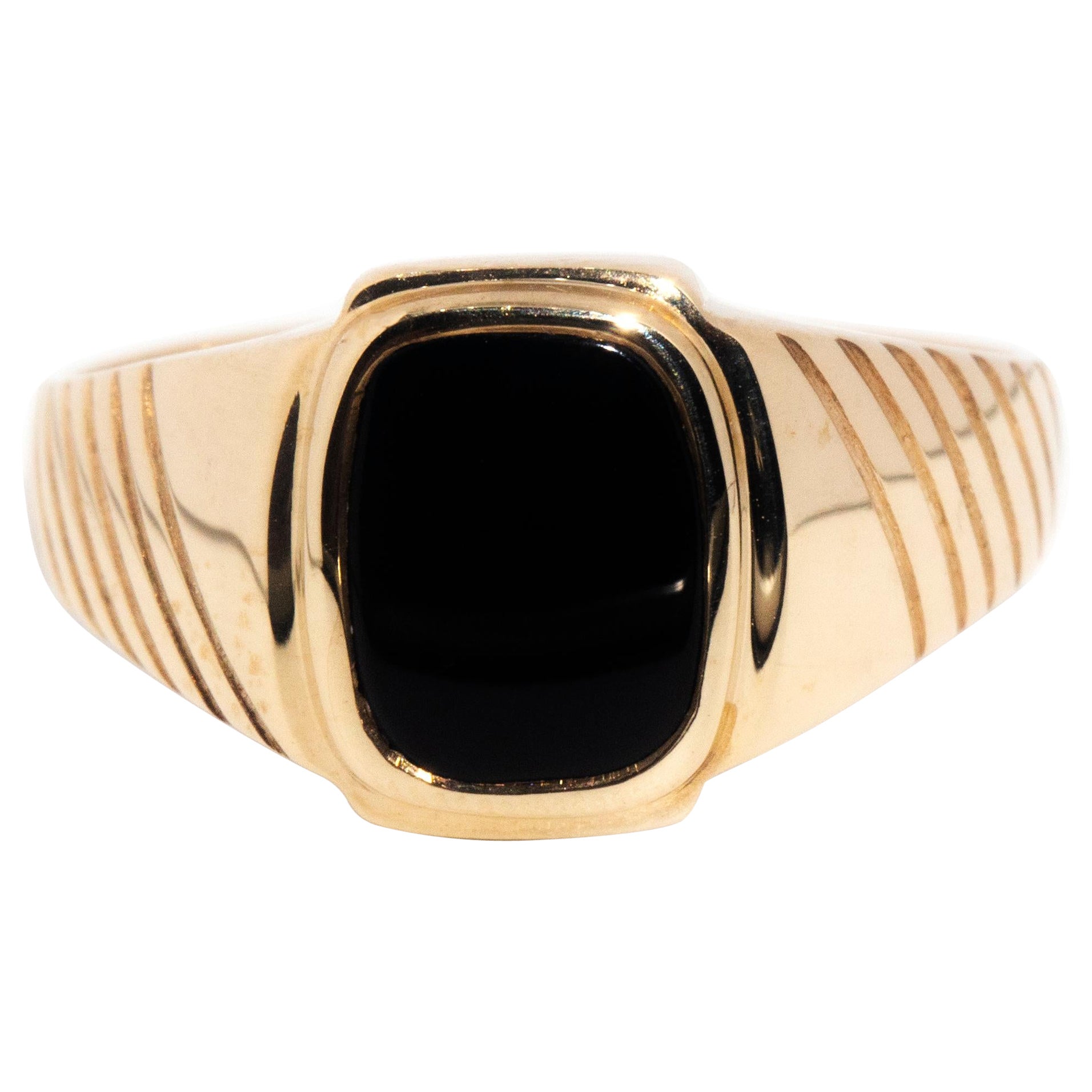 Vintage circa 1990s Rectangular Black Onyx 9 Carat Yellow Gold Men's Signet Ring